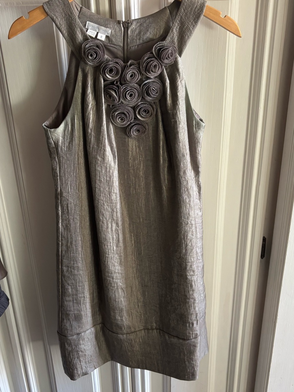 LONDON TIMES Metallic Gray Floral Applique Dress